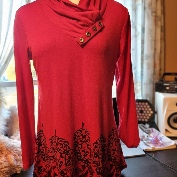 Tops - Elegant Red Women's Top with Button Detail